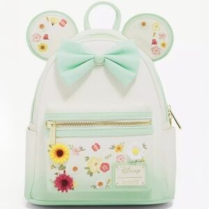 Loungefly Disney Minnie Mouse Pressed Flower Bow Backpack Green White